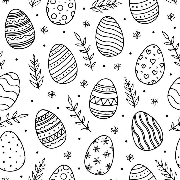 black and white easter eggs with leaves on the side, surrounded by stars and snowflakes