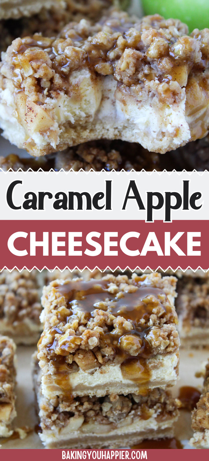 caramel apple cheesecake bars stacked on top of each other