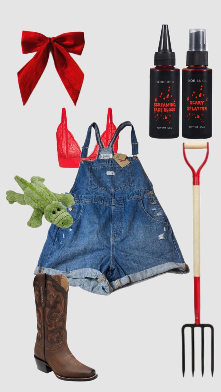 an assortment of items that include boots, gardening tools and clothing