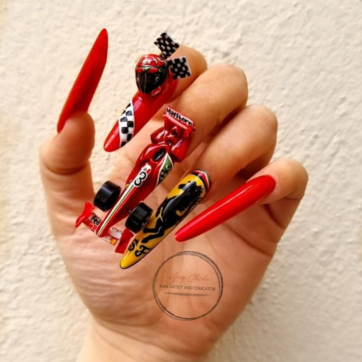 Amy Clarke Ferrari Nails Ferrari F1 Nail Art, Ferrari Nail Design, Car Nail Designs, F1 Nails Designs Ferrari, Ferrari Nail Art, Formula 1 Nails Designs, F1 Inspired Nails, Car Nails Designs, Race Car Nails Designs