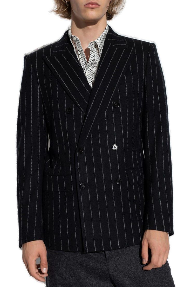 90% Virgin wool, 5% Polyurethane, 3% Nylon, 1% Polyester, 1% Elastane Pinstripe Blazer With Double Button Closure For Fall, Luxury Pinstripe Outerwear For Work, Luxury Pinstripe Outerwear With Notch Lapel, Luxury Tailored Pinstripe Outerwear, Fitted Pinstripe Outerwear For Semi-formal Occasions, Luxury Pinstripe Single Breasted Outerwear, Luxury Pinstripe Single-breasted Outerwear, Fall Pinstripe Wool Blazer, Classic Double-breasted Pinstripe Outerwear