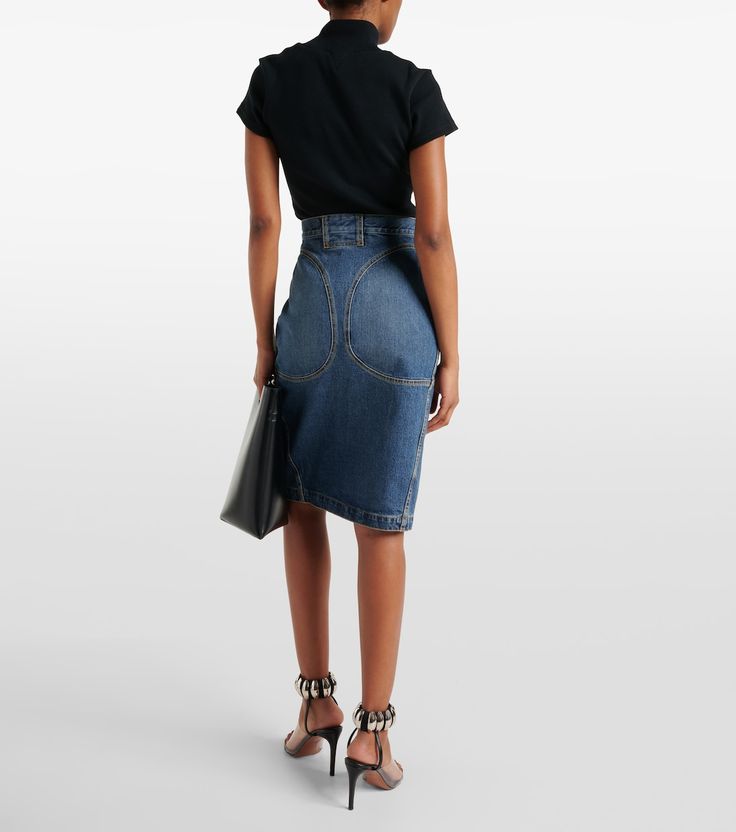 Denim pencil skirt in blue - Alaia | Mytheresa Chic Fitted Knee-length Denim Skirt, Chic Denim Midi Skirt For Work, Chic Midi Denim Skirt For Workwear, Chic Cotton Midi Pencil Skirt, Classic Cotton Pleated Skirt, Chic Workwear Denim Skirt With Lining, Fitted Knee-length Denim Skirt For Work, Chic Knee-length Denim Skirt For Workwear, Classic Cotton Fitted Pencil Skirt