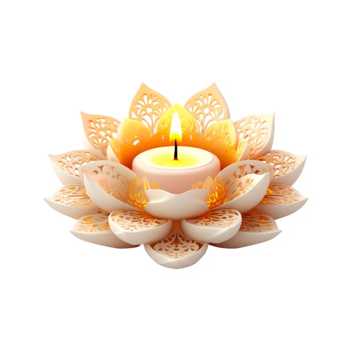 a lit candle sitting on top of a white flower shaped object with filigreets