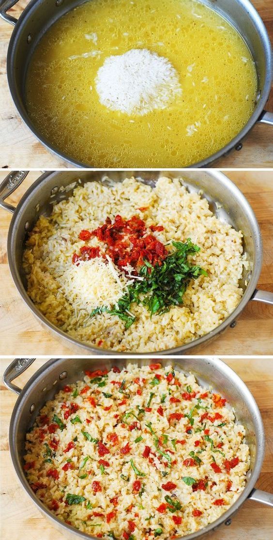 three pictures showing how to cook rice and vegetables in a pan with seasonings on top