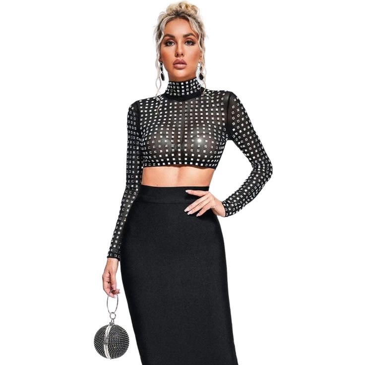 Rhinestone Mesh Top And Black Pencil Skirt Set | Modern Baby Las Vegas Black Pencil, Black Pencil Skirt, Zipper Top, Stunning Outfits, Formal Event, Classic Black, Wardrobe Essentials, Outfit Sets, Skirt Set