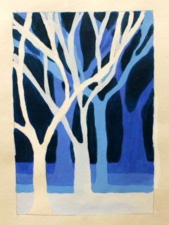 a blue and white painting with trees in the background