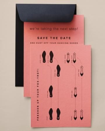 two pink cards with black envelopes on top of each other, one says we're taking the next step save the date