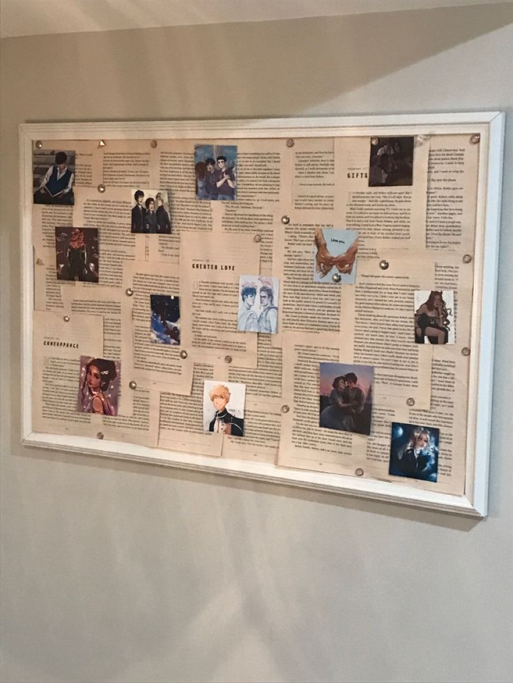 a white framed display with many pictures on it's sides and words written in multiple languages