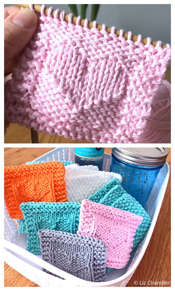 two pictures with different colored knitted items in them