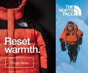 an advertisement for the north face is shown next to a photo of a man on skis