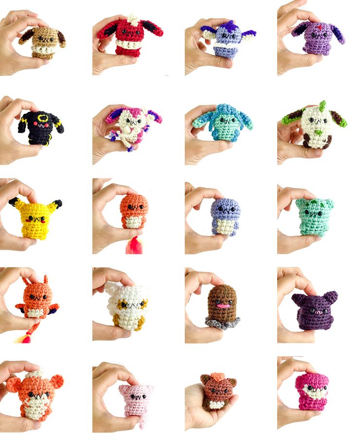 a hand holding several different types of stuffed animals in it's palm, all with their hands together