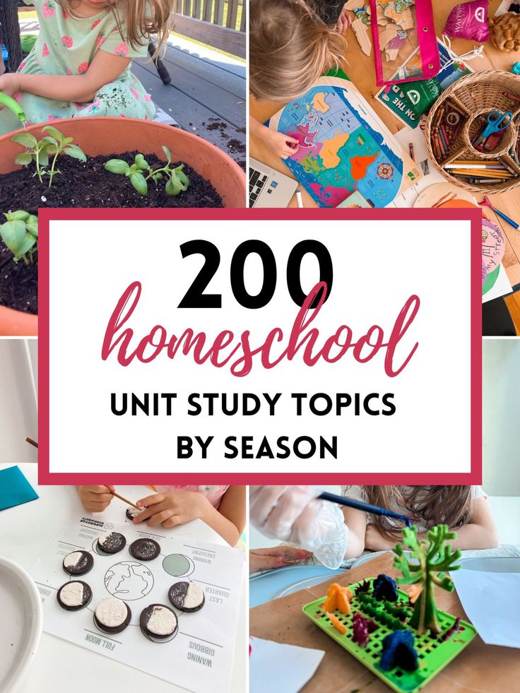 several pictures with the words 200 homeschool unit study topics by season on them