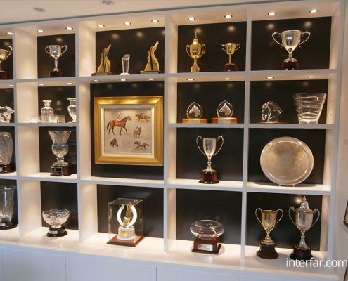 an assortment of trophies are on display in a room with black and white shelving