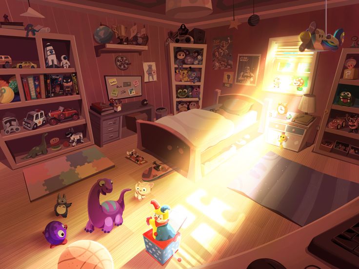 an animated bedroom with toys on the floor