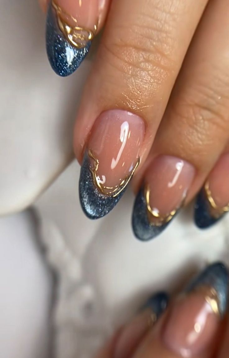 Nail Art Blue And Gold, Gold And Blue Nails Design, Gold Nails Aesthetic, Unique French Nails, Nails Con Relieve, Christmas Nails Blue, Blue Gold Nails, Nails Original, Spooky Nails