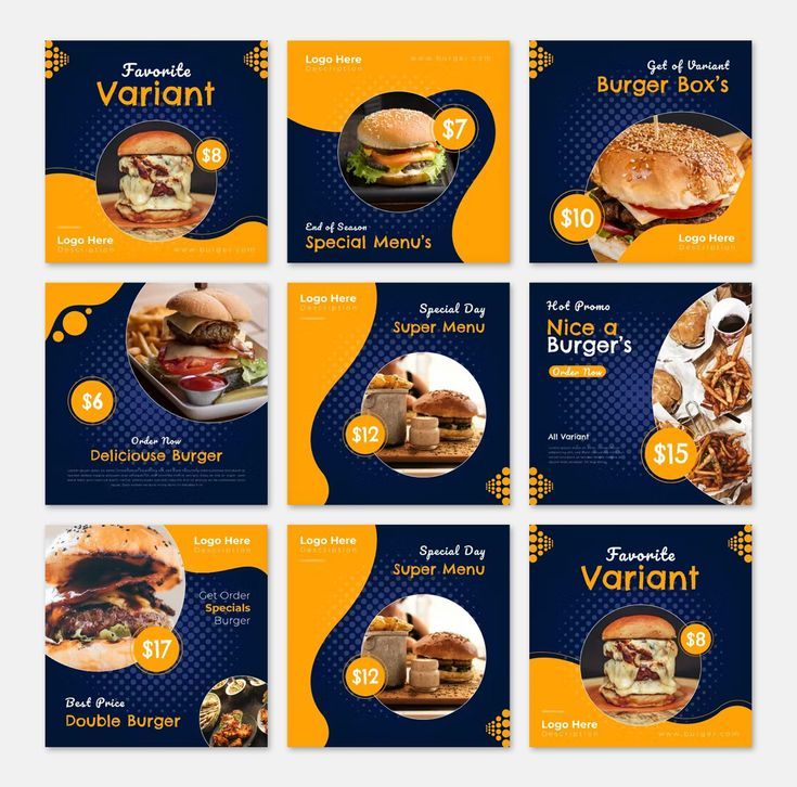 four different menus with burgers and fries on them in blue and yellow colors