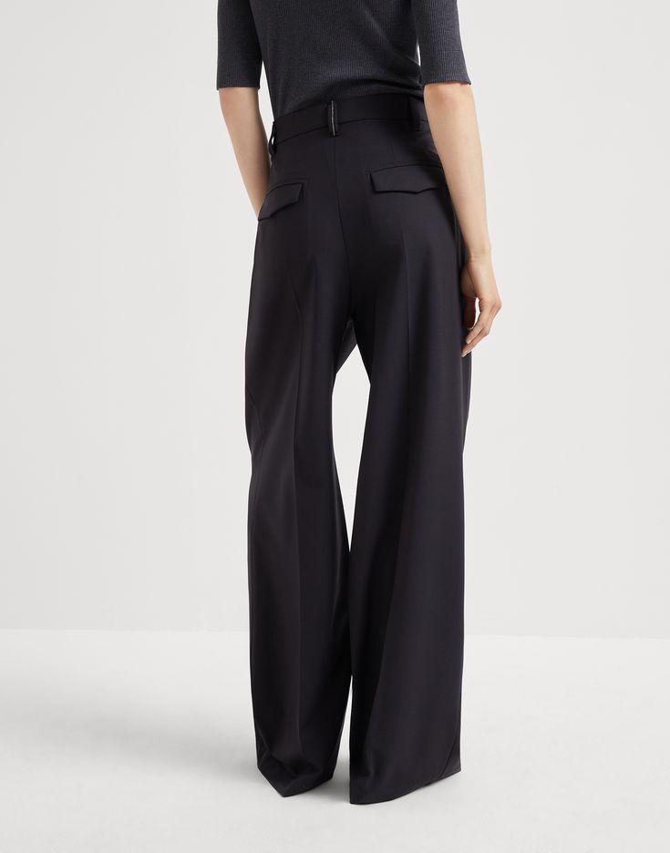 Tropical luxury wool high waist wide trousers with monili The fluid, lightweight texture of Tropical Luxury wool enhances the feminine lines of these Wide trousers. As a modern take on tailored silhouettes, high-rise proportions flow comfortably with long pleats and loose, straight lines along the leg. A shiny monili embroidery illuminates the back loop and complements the piece with an unexpected sparkling note. Modern Wide Leg Bottoms With Pressed Crease, Modern Wide Leg Pants With Pressed Crease, Sleek High-waisted Dress Pants For Formal Occasions, Tailored Structured Formal Bottoms, Chic Tailored Full-length Pantsuit, Tailored Elegant Wide Leg Pants, Elegant Tailored Wide Leg Full-length Pants, Sleek Tailored Wide Leg Pants, Formal Structured Bottoms With Pressed Crease