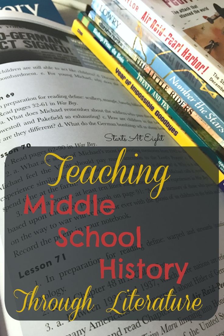 an open book with the title teaching middle school history through literature on top of it