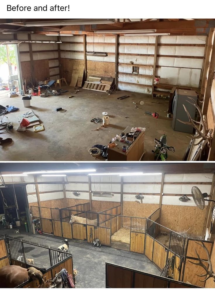 before and after photos of an old barn with wood flooring, metal railings and doors