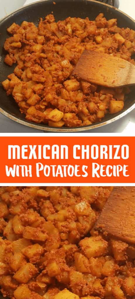 mexican chorizo with potatoes recipe in a skillet and on the stove top