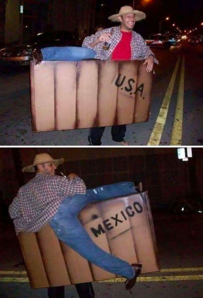 a man in cowboy hat and jeans sitting on cardboard boxes with the words mexico written on them