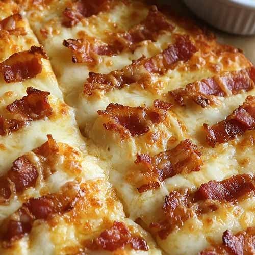 a pizza with cheese and bacon on it