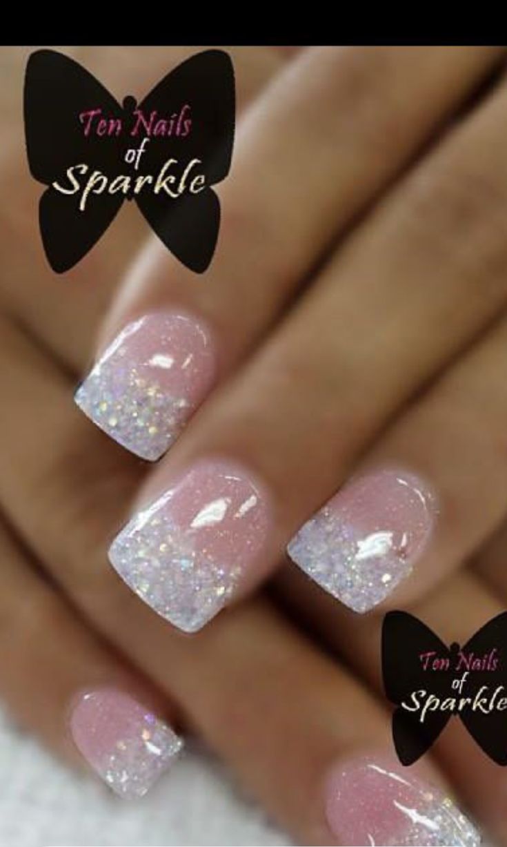 French Ombré With Glitter, Pink With French Tip Nails, Glam Bridal Nails, Sparkly Bridal Nails, Classy Summer Dip Nails, Pink And White Sparkle Nails, Glitter French Manicure Short Nails, Bridesmaid Toenails, Simple Glitter Nail Designs