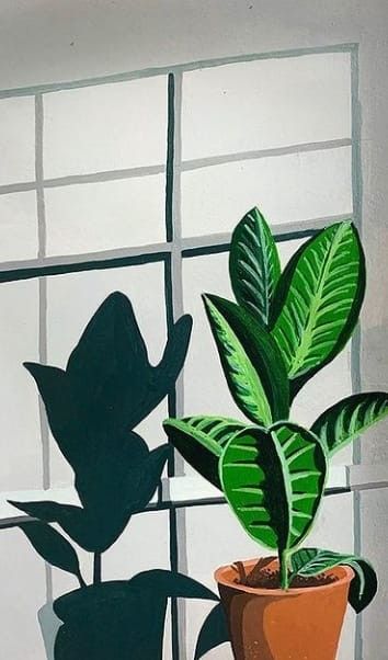 a painting of a potted plant in front of a window with the shadow of a houseplant