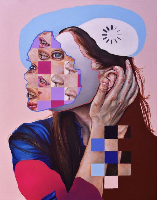 a painting of two women with different colored squares on their faces, one holding the other's head