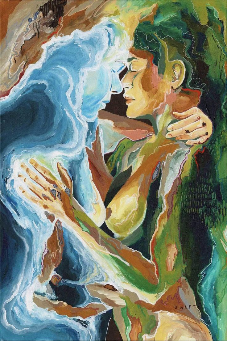 a painting of two people embracing each other