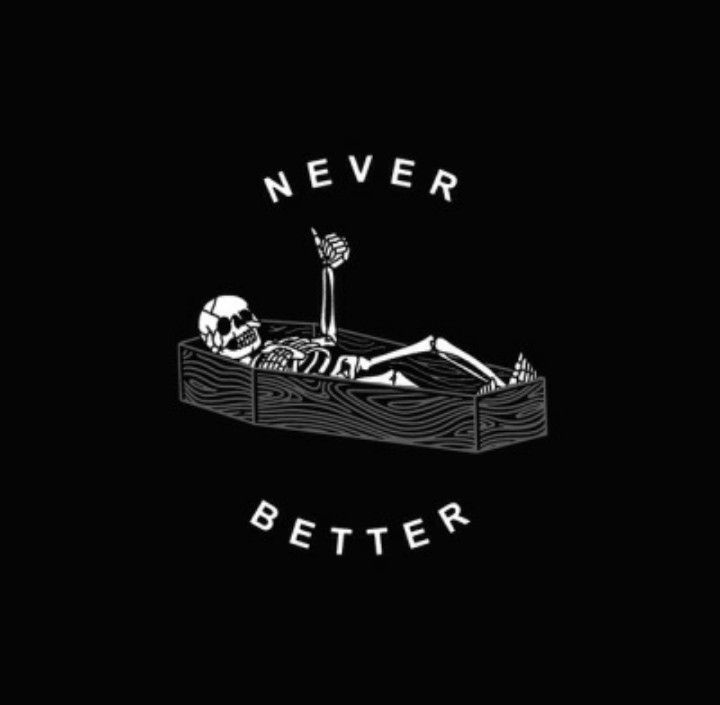 a black and white drawing of a skeleton in a boat with the words never better on it