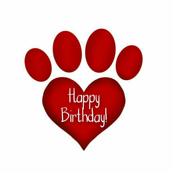 a happy birthday card with a red heart and paw print