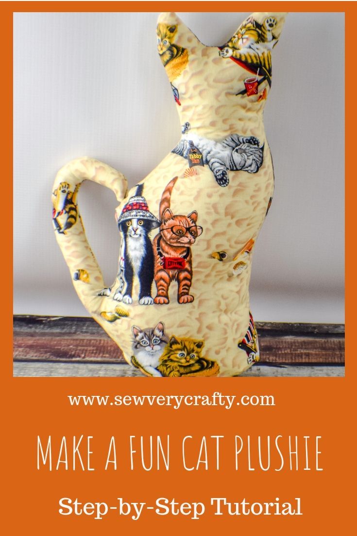 a cat shaped vase sitting on top of a wooden table with text overlay reading make a fun cat plushie step - by - step