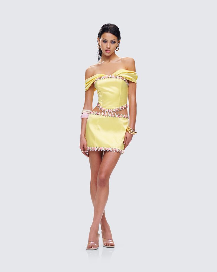 The belle of the ball 💛 Be the beauty they’ve been searching for in this two-piece matching set featuring a yellow floral off-shoulder top and micro mini skirt 😌 Strapless Off-shoulder Top For Spring Party, Summer Party Strapless Off-shoulder Top, Strapless Two-piece Dress For Spring, Chic Off-shoulder Summer Sets, Yellow Evening Skirt For Spring, Summer Party Sets With Off-shoulder Shape, Off-shoulder Summer Party Sets, Summer Off-shoulder Party Sets, Chic Off-shoulder Spring Sets