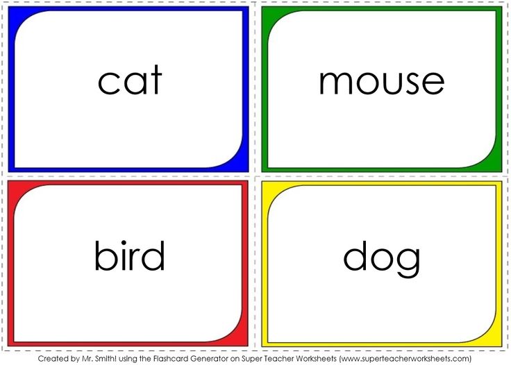 four cards with the words cat, mouse, bird and dog in different colors on them