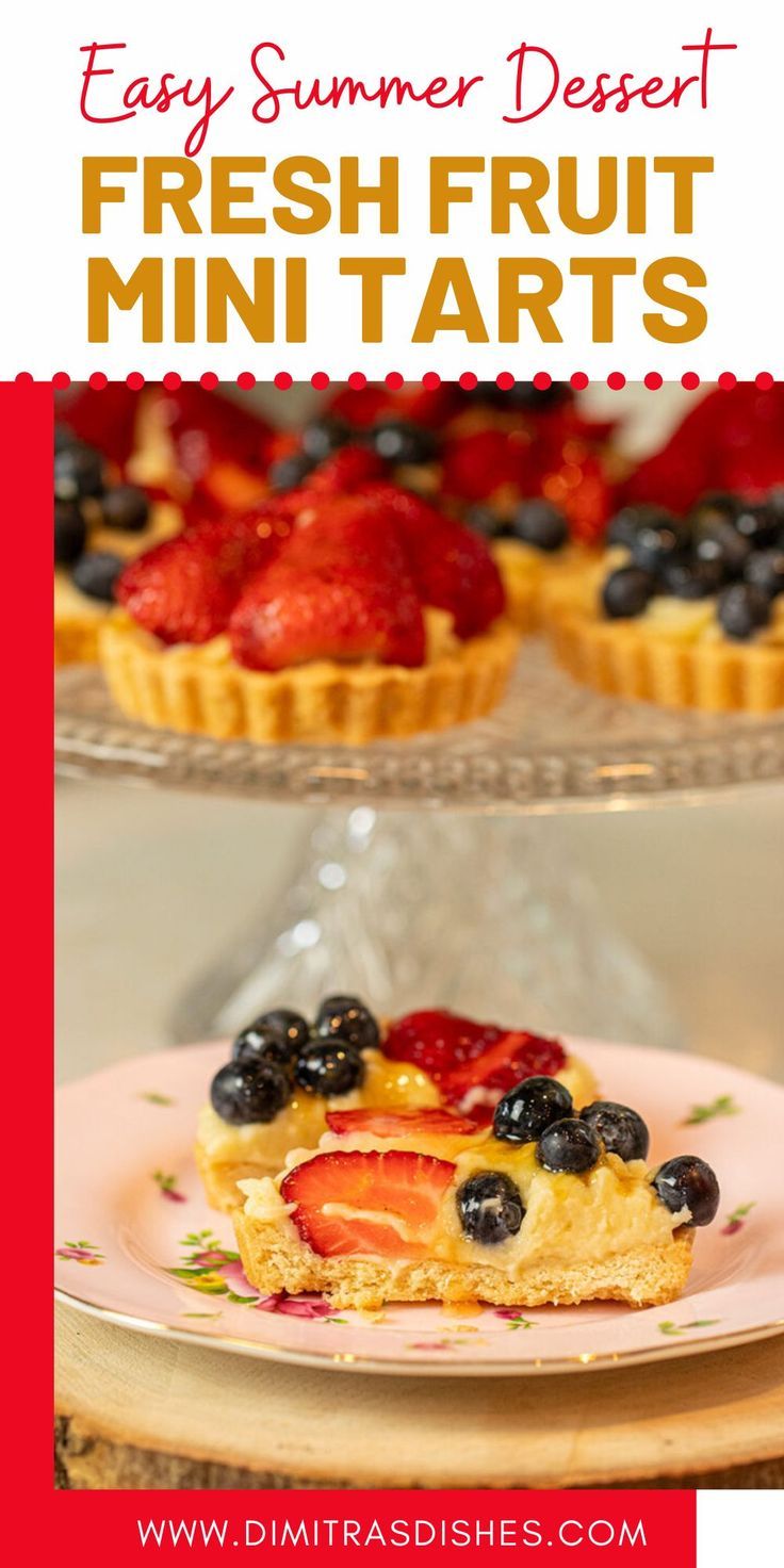 Easy homemade fresh fruit mini tarts: Fresh fruit, a smooth, luxurious cream filling, and a buttery shortbread crust make an easy summer dessert recipe!