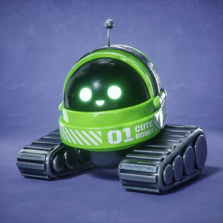 a green robot with glowing eyes sitting on top of a blue surface