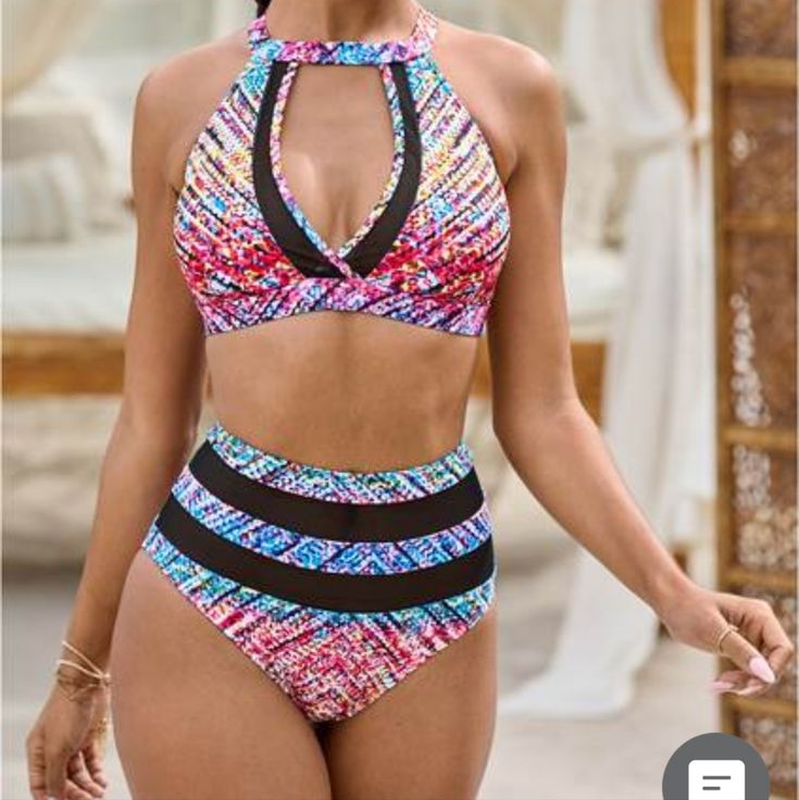 *Note* The Top Piece Of This Bikini Is A Size 4 And The Bottom Is A Size 6. New! Sun, Sand And A Sexy Swimsuit...The Perfect Warm-Weather Combo! You Can Cross One Of Those Off Your Checklist With This Choker-Style High-Neck Top That Boasts A Wide Front Keyhole Outlined With Sheer Mesh Panels. The High-Rise Bottoms Deliver High-Key Style! Two Sheer Cutouts Around The Waist And Hips Add An Alluring Peek And A Curve To The Waist, Bringing A Bold Edge To The Familiar Swim Silhouette. This Bikini Is Multicolor High Waist Swimwear For Beach Season, High Waist Multicolor Swimwear For Beach Season, High-waist Multicolor Swimwear For Beach Season, Multicolor High Waist Swimwear For Beach, Multicolor High Waist Beachwear Swimwear, Multicolor High-waist Beachwear Swimwear, High Waist Multicolor Summer Swimwear, Multicolor High Waist Swimwear For Sunbathing, Multicolor High Waist Tankini For Beachwear