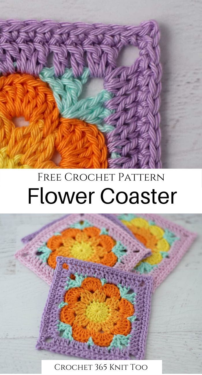 the crochet pattern for sunshine flower coasters is shown in three different colors