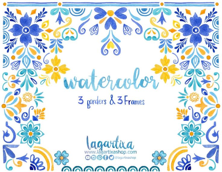 the mexican watercolor border with flowers and leaves in blue, yellow and orange colors