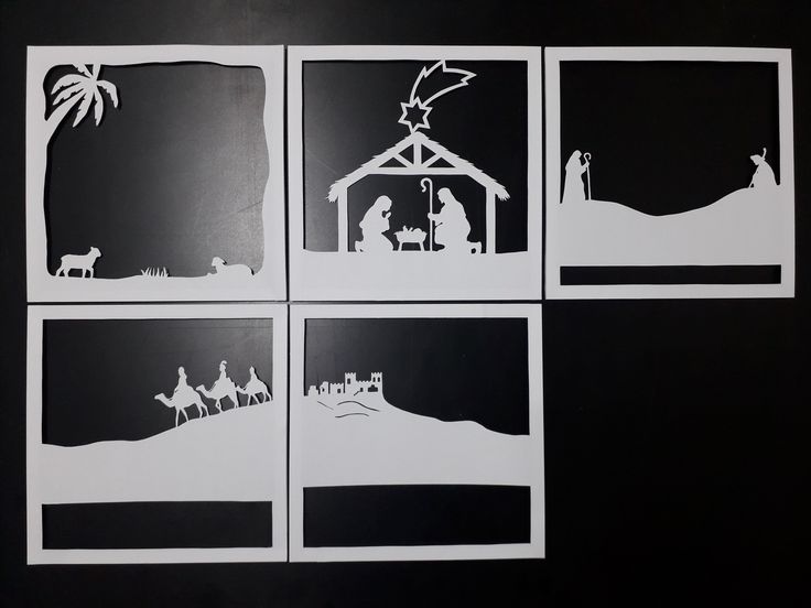 four paper cut nativity scenes displayed in black and white with the birth of jesus