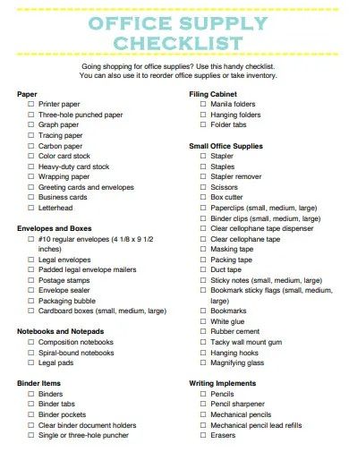 the printable office supply checklist is shown