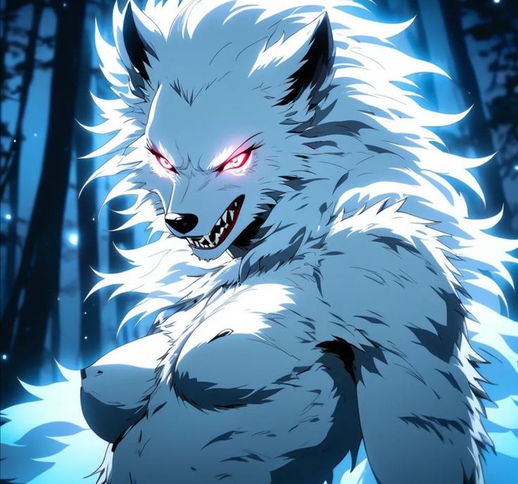 an evil wolf with red eyes and white fur is standing in the woods at night