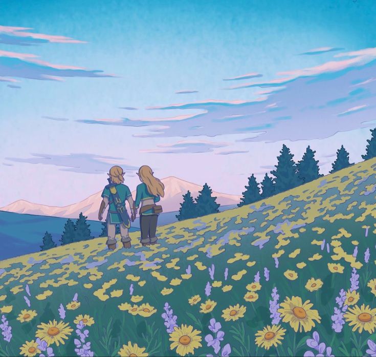 two people walking up a hill with flowers in the foreground