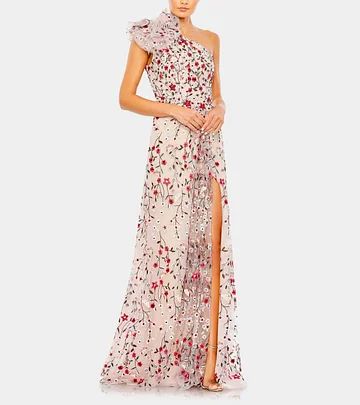 Fashion Gown-MC-Floral2 Long Formal Gowns, Mac Duggal Dresses, One Shoulder Gown, Evening Gowns Elegant, Girly Dresses, Embroidered Tulle, Mac Duggal, A Line Gown, Feminine Dress