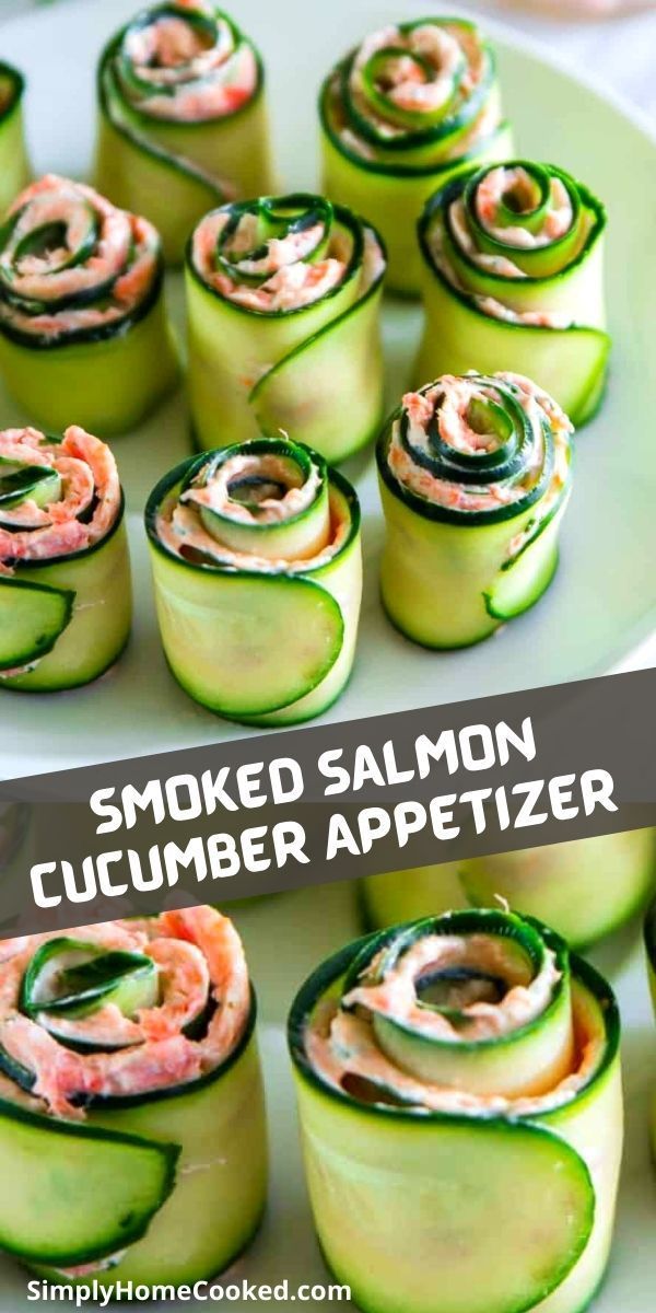 smoked salmon and cucumber appetizer on a plate with text overlay