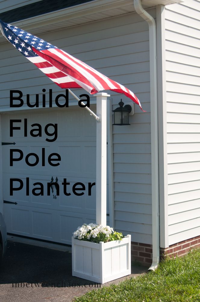 an american flag on top of a pole in front of a garage with the words build a flag pole planter