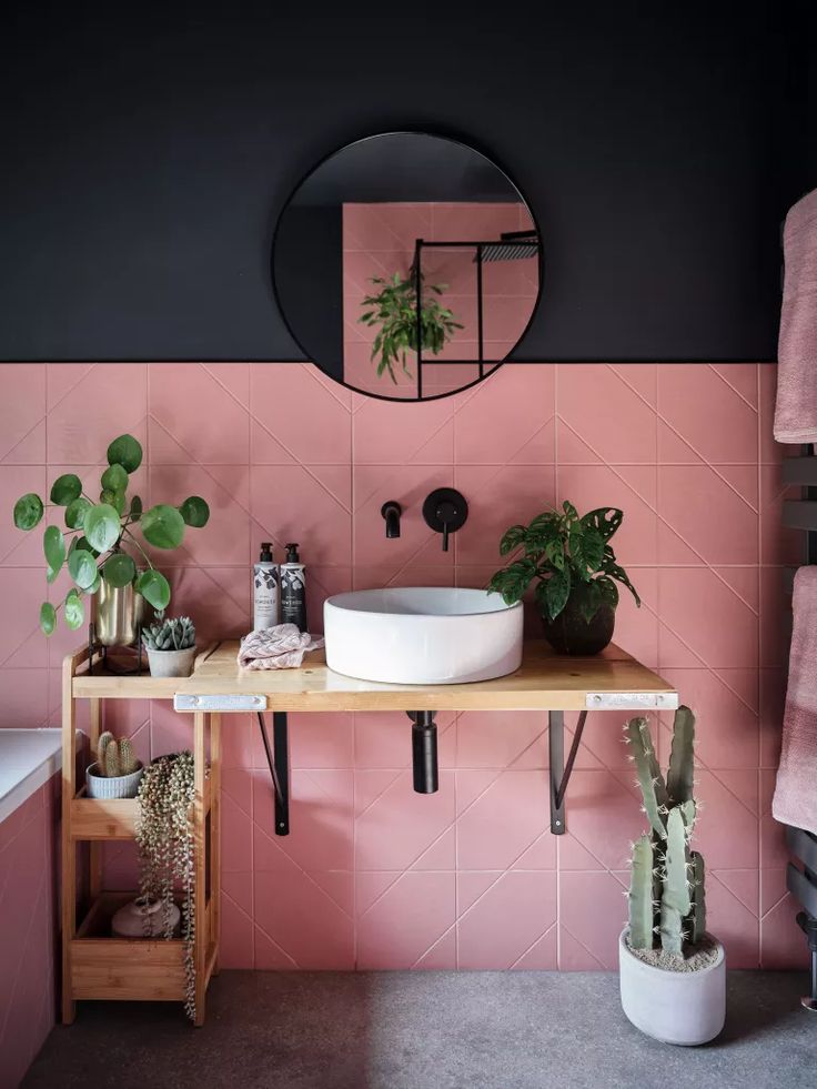 a bathroom with pink and black walls, potted plants and a round mirror on the wall