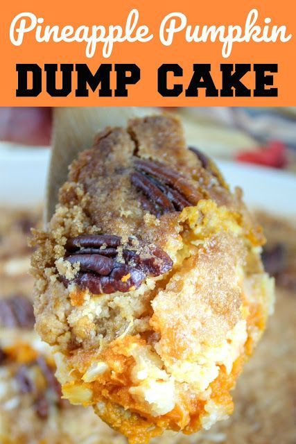 a close up of a piece of cake on a fork with the words pineapple pumpkin dump cake above it