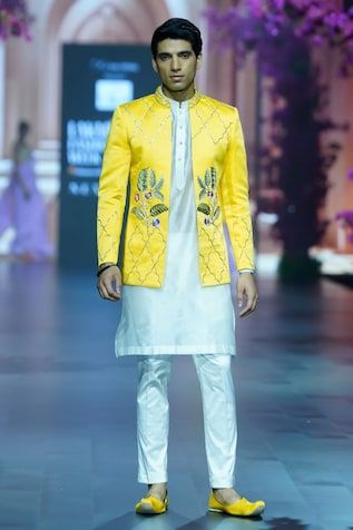 Yellow bandhgala with quatrefoil, floral hand embroidery. Paired with an inner ivory kurta and pant. - Aza Fashions Kurta Set Men, Floral Hand Embroidery, Kurta Set, Full Sleeves, Yellow Floral, Aza Fashion, Full Sleeve, Floral Embroidery, Stand Collar